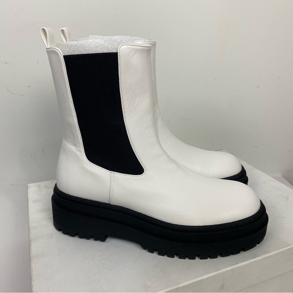 Good American White Leather Chelsea Lug Sole Chunky Combat Boots Platform